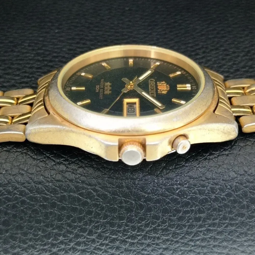 Vintage 1972 Orient Automatic Mens Gold Watch W/daydate & Black accents
